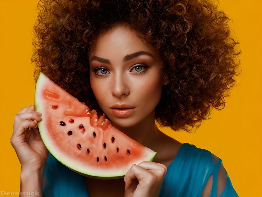 Beautiful blond-model-eating-watermelon-face-details-4k