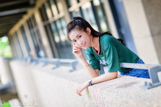 Devostock Asian Cute Teen Girl Balcony 4k