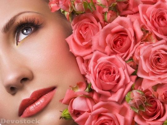Devostock Beautiful Girl Eyes Blue Roses Makeup 4k