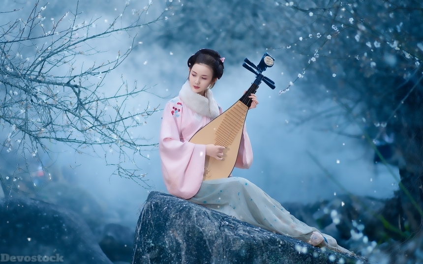 Devostock Beautiful Nature Spring Girl Traditional Dress Playing Music 4k