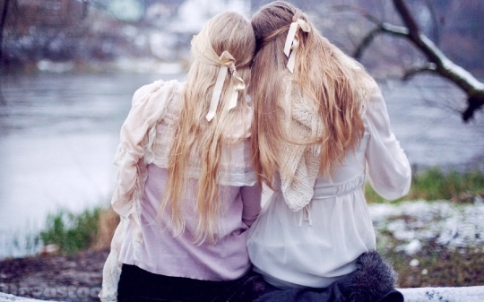 Devostock Beautiful Two Girls Blonde Friendship Long Hair Backside 4k