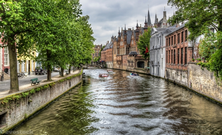 Devostock Belgium Houses Bruges Canal Trees HDR Cities 4k