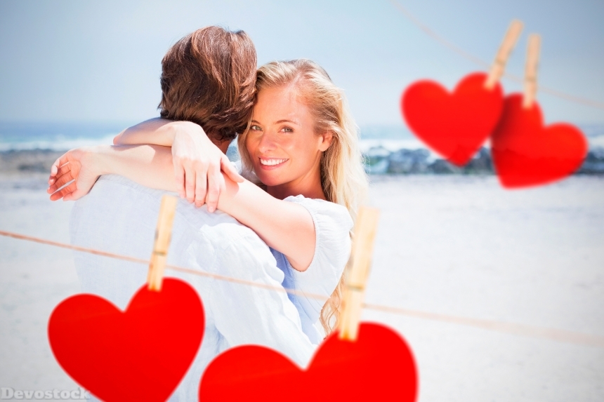 Devostock Couples Love Valentines Day Heart Smile Clothespin Blonde girl Man Beach 4k