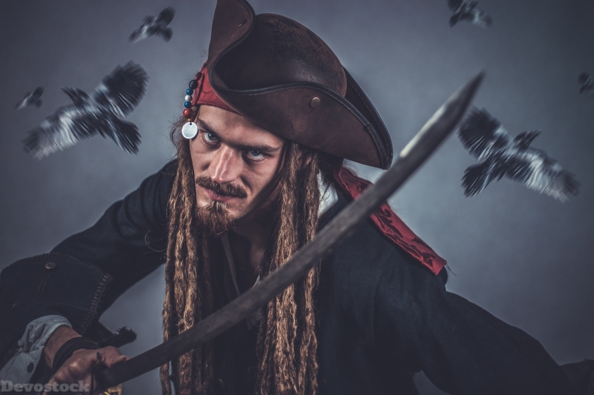 Devostock Man Pirate Scary Fear Sword Birds 4k