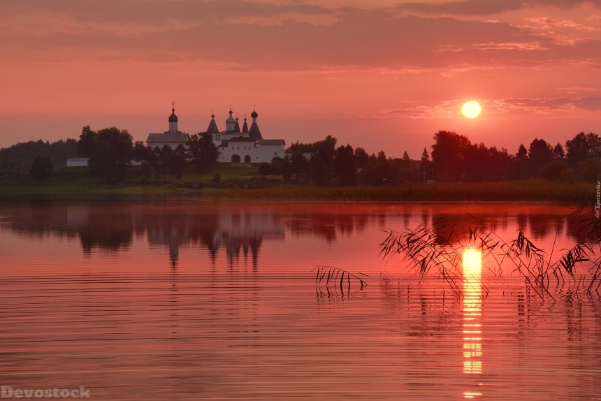 Devostock Orthodox Church By The Lake At Sunset 4K