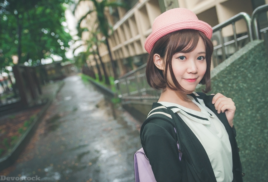 Devostock Outdoor Street Taiwanese Beautiful School Girl Pink Hat 4k