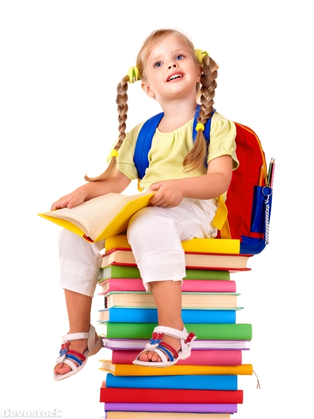 Devostock School White Background Little Girls Book Sitting 4K