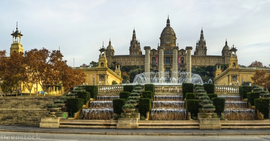 Devostock Spain Fountains Waterfalls National Palace Barcelona 4k