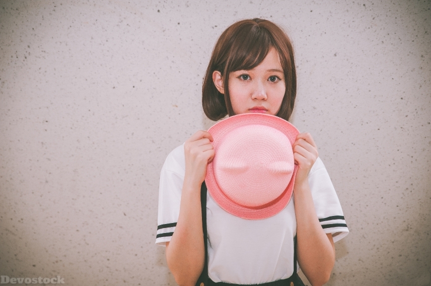 Devostock Taiwanese Beautiful School Girl Pink Hat 4k