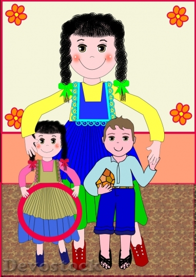 Devostock Cartoon Mother or teacher taking care of children