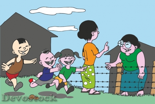 Devostock Family cartoon happy children playing