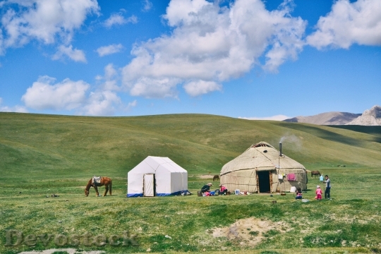 Devostock Landscape Mountains Nature People Tent Horse 4K