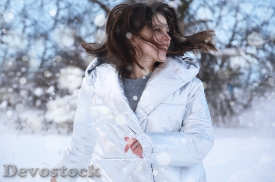 Devostock Beautiful Girl Jacket Laughing Snow