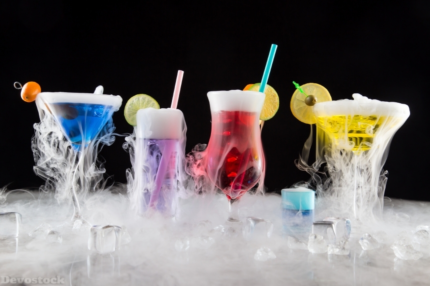 Devostock Cocktail with ice vapor on bar desk