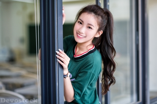 Devostock Asian Cute Teen Girl Glass Door 4k