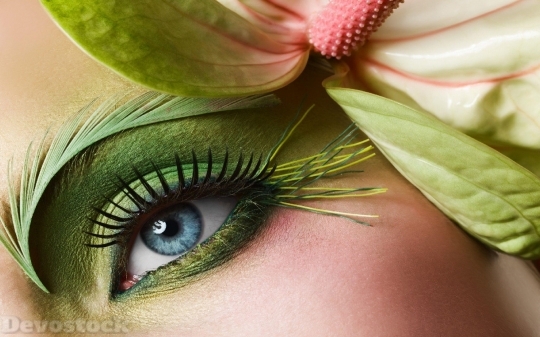 Devostock Beautiful Eyes Girl Green Blue Flower Makeup 4k