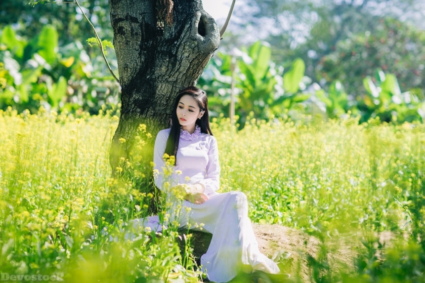 Devostock Beautiful Girl Modest Dress Nature Spring Flowers Green Love 4k