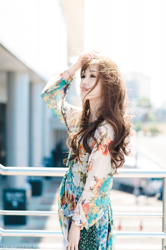 Devostock Beautiful Girl Outdoor Wind Hair Dress Floral Costume 4k