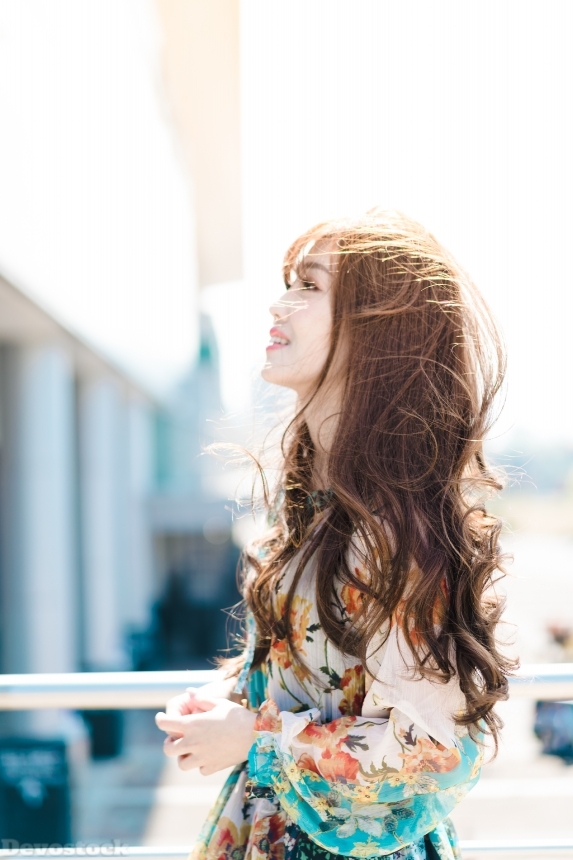 Devostock Beautiful Girl Wind Brown Hair Outdoor Dress Floral Costume Smiling 4k