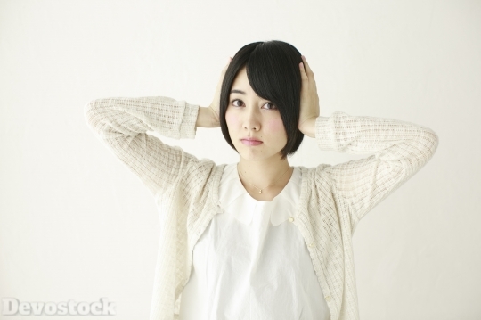 Devostock Beautiful Japanese Girl Face Expression Hands Hear 4k