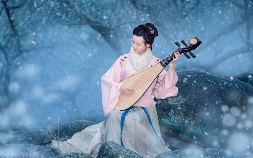 Devostock Beautiful Nature Spring Girl Traditional Dress Playing Music Rock 4k