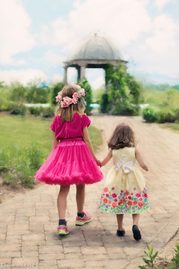 Devostock Beautitful Cute Two Sisters Backside Colorful Dress Clothes Nature 4k