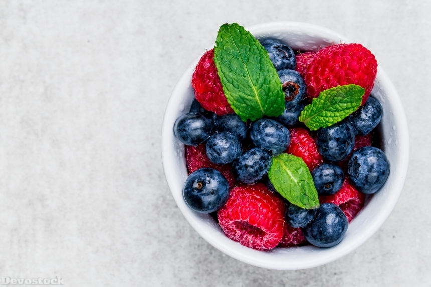 Devostock Food Fresh Fruits Blueberries Raspberries Mint 4k