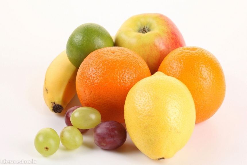Devostock Fruit Lemons Orange Fruit Grapes White Background 4K