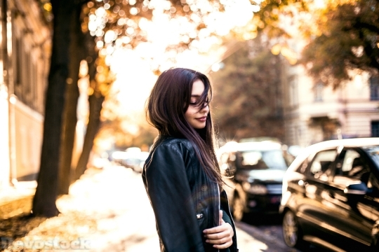 Devostock Girl With Black Leather Jacket Outdoors H0 4K