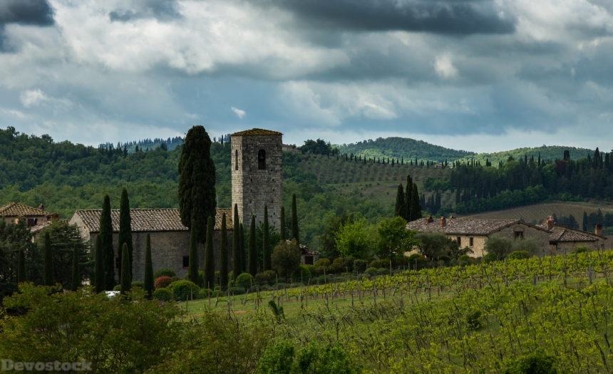 Devostock Italy Tuscany Houses Fields Chianti Hill 4k