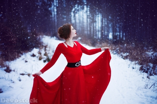 Devostock Red Dress Woman In Snow Hd 4K