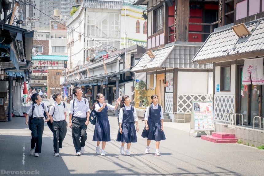 Devostock School Students Girls Boys Trip Street Japan Tokyo 4k