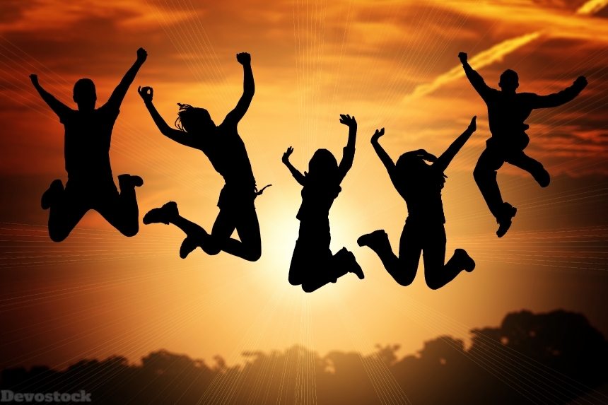 Devostock Silhouette Five People Shadow Jumping Sunset Background Success Win 4k
