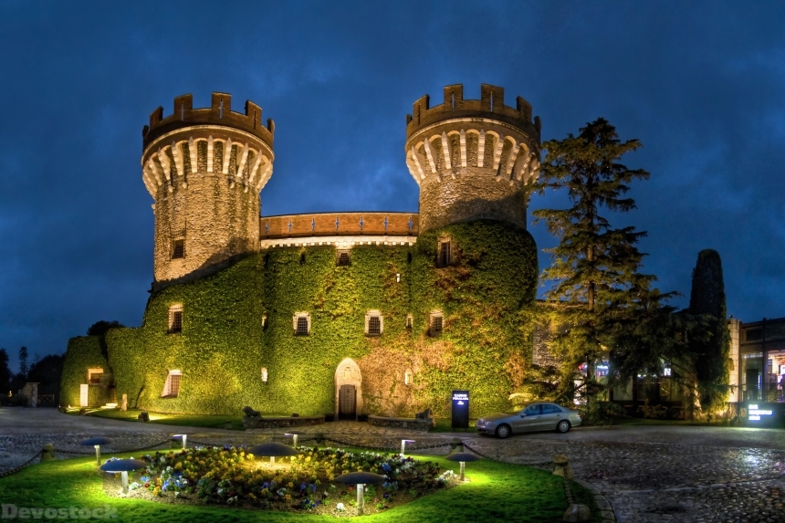 Devostock Spain Castles Evening Castell Peralada Moss Street lights 4k
