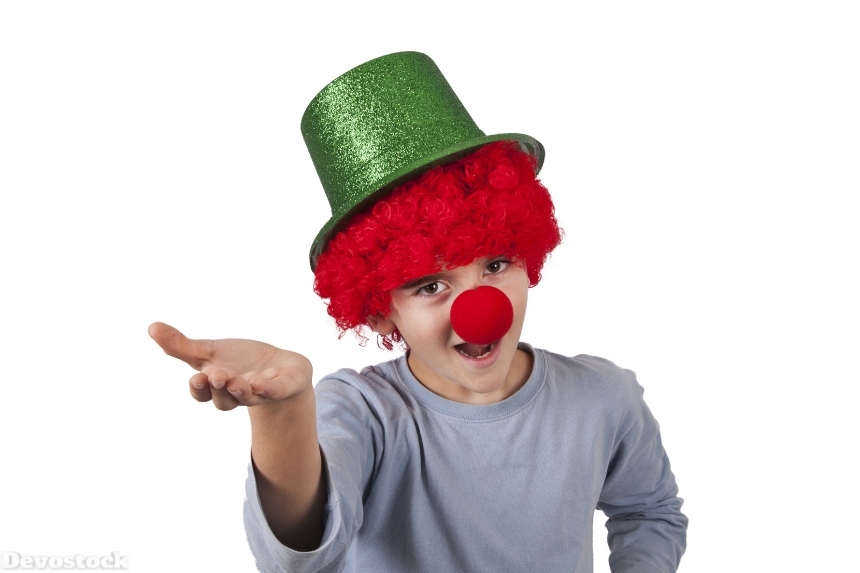 Devostock White background Boy Clown Uniform Hat Hands 4k