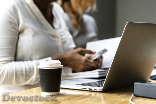 Devostock Woman using a laptop in a meeting