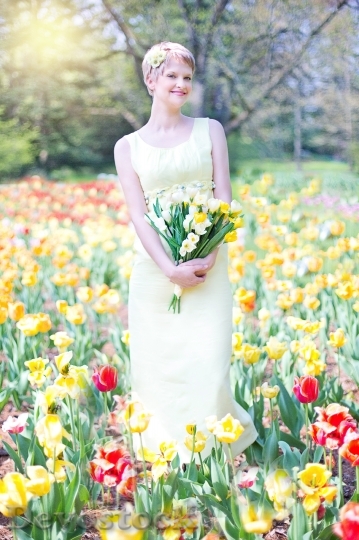 Devostock Field Tulips Young Woman