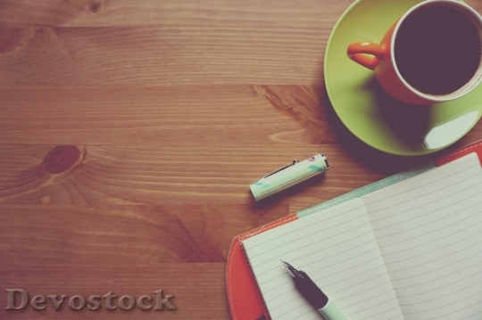 Devostock Coffee Notebook Wooden Background 3