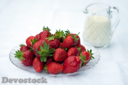 Devostock Strawberries Dessert Cream Milk